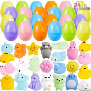 JOYIN 24 Pcs Easter Prefilled Eggs with Mochi Squishy Toys, Animal Stress Reliever Squishy Toy for Easter Theme Egg Hunt, Kids Party Favor, Basket Stuffers Filler, Classroom Prize Supplies