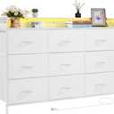  9 Drawer Dresser, Tall Drawer Dresser with Fabric Bin, Closet Storage Drawers with Sturdy Metal Frame, LED Lights & Built-in Outlet, Fabric Storage Tower for Bedroom, Hallway, Closet, White