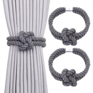 NICEEC 2 Pack Natural Cotton Rope Magnetic Curtain Tiebacks Elegant Knot Decor Drape Tie Backs Boho Style Soft Hand Weave Rope Curtain Holdbacks for Home & Office Window Drapery (Dark Grey)