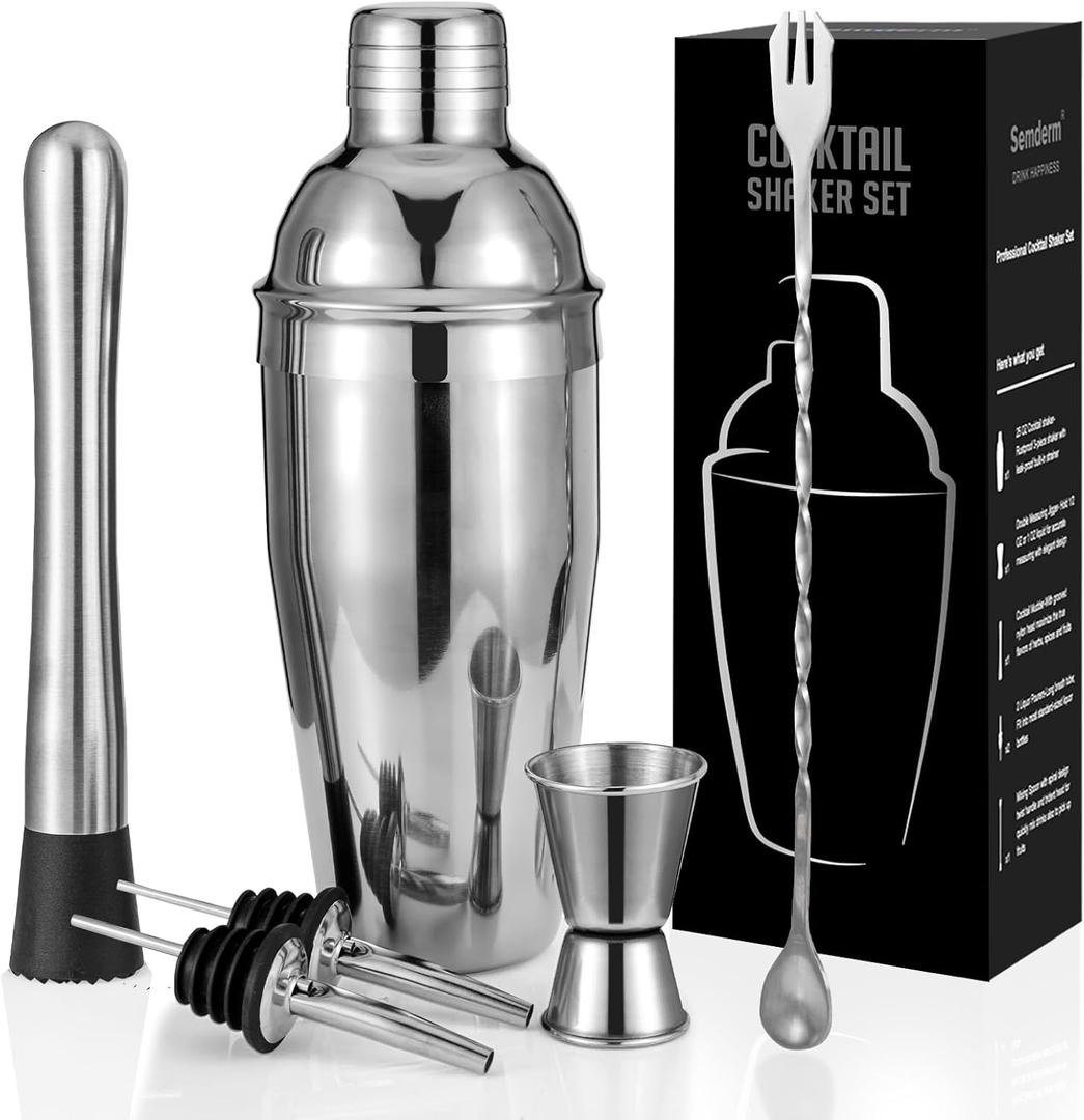 Cocktail Shaker Set, 6-Piece Mixology Bartender Kit Premium Shakers Bartending: Martini Shaker Jigger Mixing Spoon Muddler 2 Pourers Bar Tools Set with Built-in Bartender Strainer for Drink Shaker