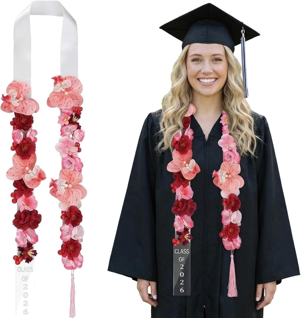 Thiccywoov 1 Pcs Graduation Lei 2026 Artificial Graduation Candy Lei Ribbon Phalaenopsis Flower Necklace Ending with Ribbons and Tassels for Gifts Party Accessories Ceremony 4.9 ft