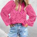 BETTE BOUTIK Women's Long Short Sleeve Tops 2025 Dressy Casual Button Hollow Out Lace Embroidered Blouses Shirts (Pink)