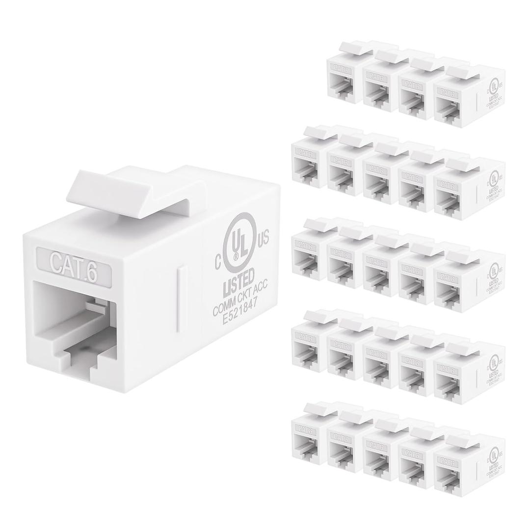 VCE UL Listed 25-Pack RJ45 CAT6 Keystone Coupler Female to Female Insert Coupler, UTP CAT6 Keystone Inline Coupler White