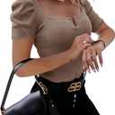 Valphsio Womens Puff Short Sleeve Top Square Neck Elegant Ribbed Knit T Shirt Summer Cute Slim Fit Tee Blouse (X-Small, Khaki)