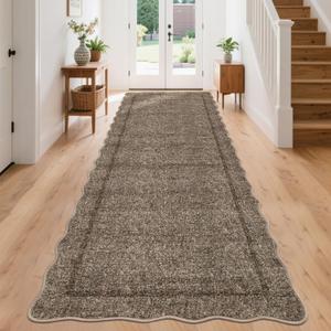 GarveeHome Scalloped Washable Runner Rug 2x8 Runner Modern Non Slip Kitchen Runner Distressed Low Pile Entryway Rug Soft Bathroom Rugs Stain Resistant Carpet for Bedroom Hallway Laundry 2'x8' Taupe