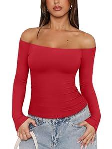 REORIA Womens Long Sleeve Off The Shoulder Tops Going Out Cute Basic Y2K Fall Fashion 2025 Outfits Clothes (Small, Red)