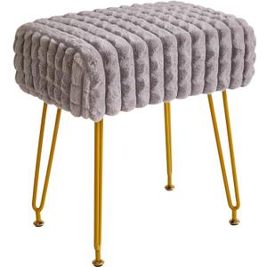 IBUYKE Rectangular Footrest Stool Ottoman, Makeup Vanity Stool Side Table, Velvet Dressing Table Seat, Footstool Chair, Golden Steel Legs, for Makeup Room, Bedroom, Square Grid Pattern, Grey WBD003G (without storage)