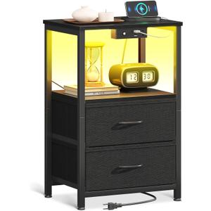 Casaottima Night Stand with Charging Station and LED Lights, End Table for Bedroom with 2 Fabric Drawers, Small Nightstand with Storage Shelf, Bed Side Bedside Table, Black