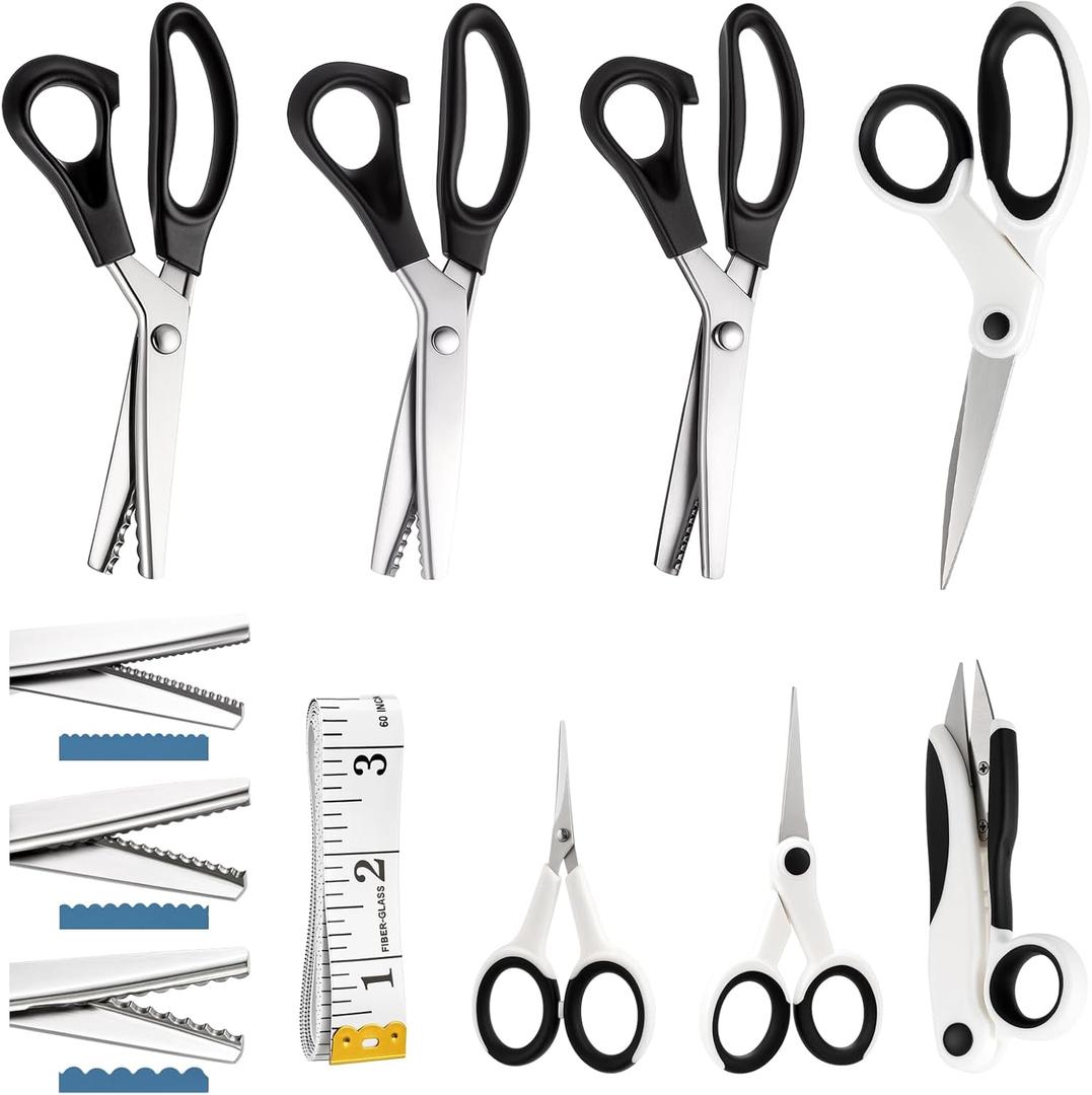 Lanties 8 Piece Sewing Scissors Bundle for Sewing Crafts, 3/5/7 mm Pinking Shears with Fabric Scissor, Embroidery Scissors, Thread Snips Tape Measure for Leather, Dressmaking, Fabric, Craft Paper