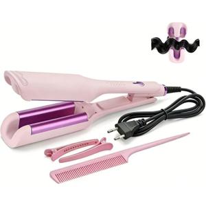 Hair Crimper for Women’s Beach Waves – Pink Deep Waver Curling Iron, 1.25-Inch Ionic Ceramic Hair Tool with Four Temperature Settings, Easy to Use for Long/Short Hair (Pink）
