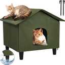Outdoor Cat House Weatherproof with Self-Heating Mat - Elevated Feral Cat Shelter Outdoor Heated Cat Bed with 2 Escape Door, 20KG/44LBS Load, 2 Ground Nails, Large, 25"x21"
