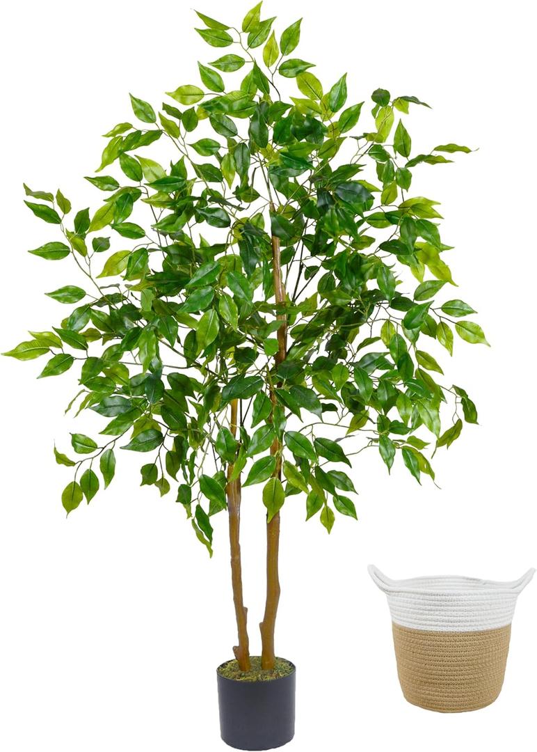 Warmplants Artificial Ficus Tree, 4ft Tall Fake Ficus Tree with Basket, Faux Plant for Indoor Outdoor Home Livingroom Office Garden Porch Dcor