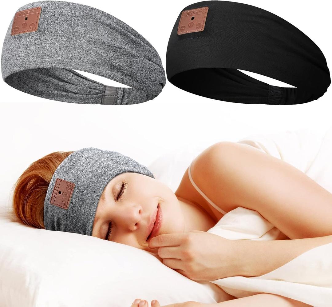 2 Pieces Sleep Music Headphones Bluetooth-Compatible Wireless Sleeping Calling Headband with Speakers Wireless Headphones for Side Sleeping Jogging Yoga Workout Unisex Gift, Black and Gray