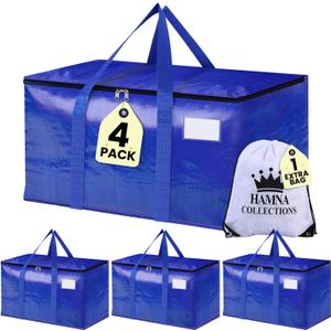 4 Pack Extra Large Moving Bags with Strong Zipper & Handles - Heavy Duty Clothes Storage Tote Bins - Moving Boxes for Space Saving, College Supplies with Drawstring bag