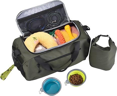 ta-stories 2-in-1 Dog Travel Organizer – Stylish Main Bag with 8-Pocket Organizer, XL Food Container Poop Bag Dispenser | Cabin-Size | Waterproof