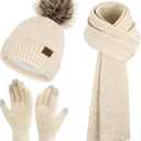 Womens Winter Warm Knit Beanie Hat Long Scarf Touchscreen Gloves Set with Fleece Lined Pom Skull Cap Gifts for Women