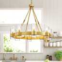 WUZUPS Wagon Wheel Chandelier 8-Light with Clear Glass Industrial Modern Farmhouse Round Light Fixture for Dining Room Kithen Island Foyer, Width 26" Height 22", Gold