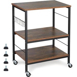 BTY Nightstands, Industrial Microwave Oven Stand Kitchen Baker's Rack End Table 3 Tier Storage Shelf with 10 Hooks for Living Room, Kitchen, Bathroom, Cafe Rustic Brown