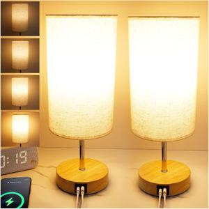 Bedside Table Lamp for Bedroom - 4 Way Dimmable Touch Lamp with USB and Type-C Charge Port,Small Wood Base Round Flaxen Fabric Shade Lamp Living Room,Bedroom Use (Yellow Base, 2Pack)