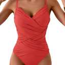 B2prity One Piece Swimsuit Tummy Control Criss Cross Bathing Suit Slimming Ruched Swim Suit Push Up V Neck Swimwear (Large, Orange Red)