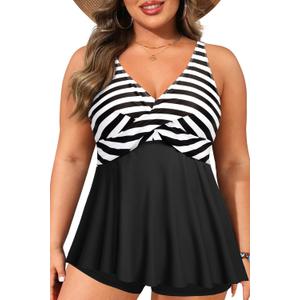 Plus Size Tankini Top Only - Flowy Bathing Suits Top Plus Size Swim Top 2025 Modest Swimsuits Top (Black Stripe) 16
