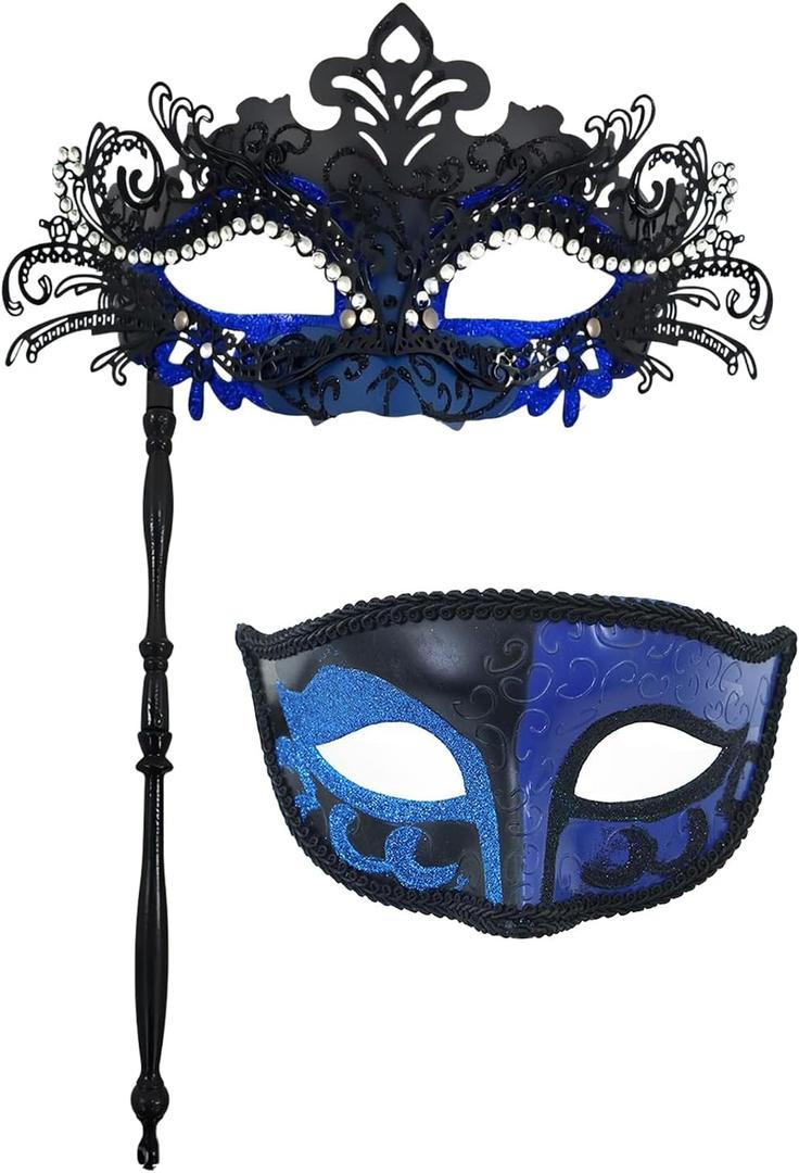 Couple Masquerade Masks with Stick 2psc Blue Mardi Gras Accessories Cosplay Mask for Venetian Decorative Masquerade Props Costume Ball