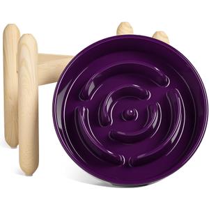 LE TAUCI Ceramic Slow Feeder Dog Bowls Elevated, 3 Cups Raised Dog Bowl with Wooden Stand for Medium Large Breed, Dog Dishes to Slow Down Eating, Puzzle Dog Food Bowl, Maze Purple (L-3 Cups+Stand)