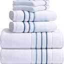 Bath Towels Set for Bathroom Luxury 6-Piece Cotton Towels, Soft Absorbent & Quick Dry, 600 GSM Bath Towels for Bathroom, Hotel Spa Quality (2 Bath, 2 Hand, 2 Washcloths, White Blue Azure Stripe)