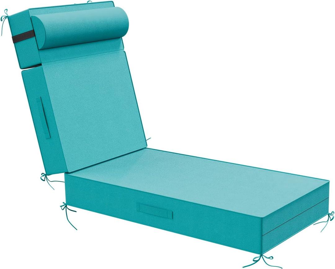 Outdoor Olefin Chaise Lounge Cushions with Pillow, 72"x 21"x5" Water Resistant and Fade Resistant Patio Furniture Lounge Chair Pads with Straps Ideal for Patio, Lawn, Garden, Turquoise