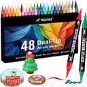 48 Colors Acrylic Paint Markers, Dual Tip with Fine Tip and Brush Tip Pens for Stone, Wood, Calligraphy, Canvas, Ceramic, Metal, Glass, Rock Painting, DIY Crafts