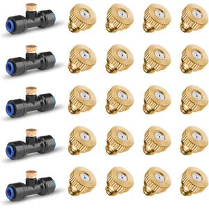 HOMENOTE 20 Pack Brass Misting Nozzles and 5 Pack Tees Misters for Outdoor Cooling System, Misting Nozzles Replacements for 1/4 inch tubing
