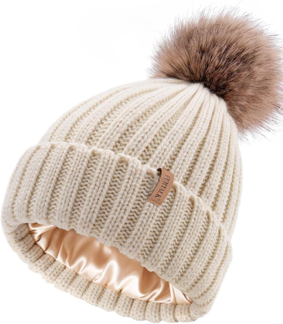 FURTALK Womens Winter Beanie Hat Satin Lined Faux Fur Pom Pom Beanies Hat for Women Winter Warm Knit Hats (One Size, Beige)