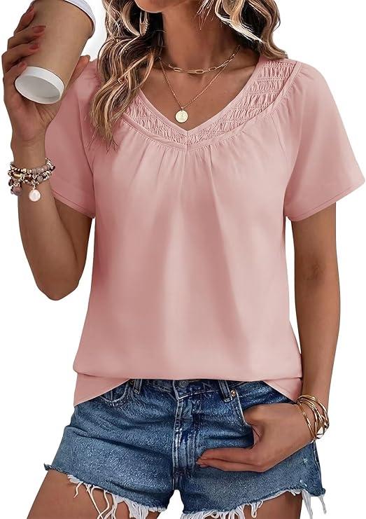 Falechay Women's Blouses Summer Short Sleeve Boho Tops V Neck Pleated Casual Flowy Loose Fit Cute Basic Tunic 2XL
