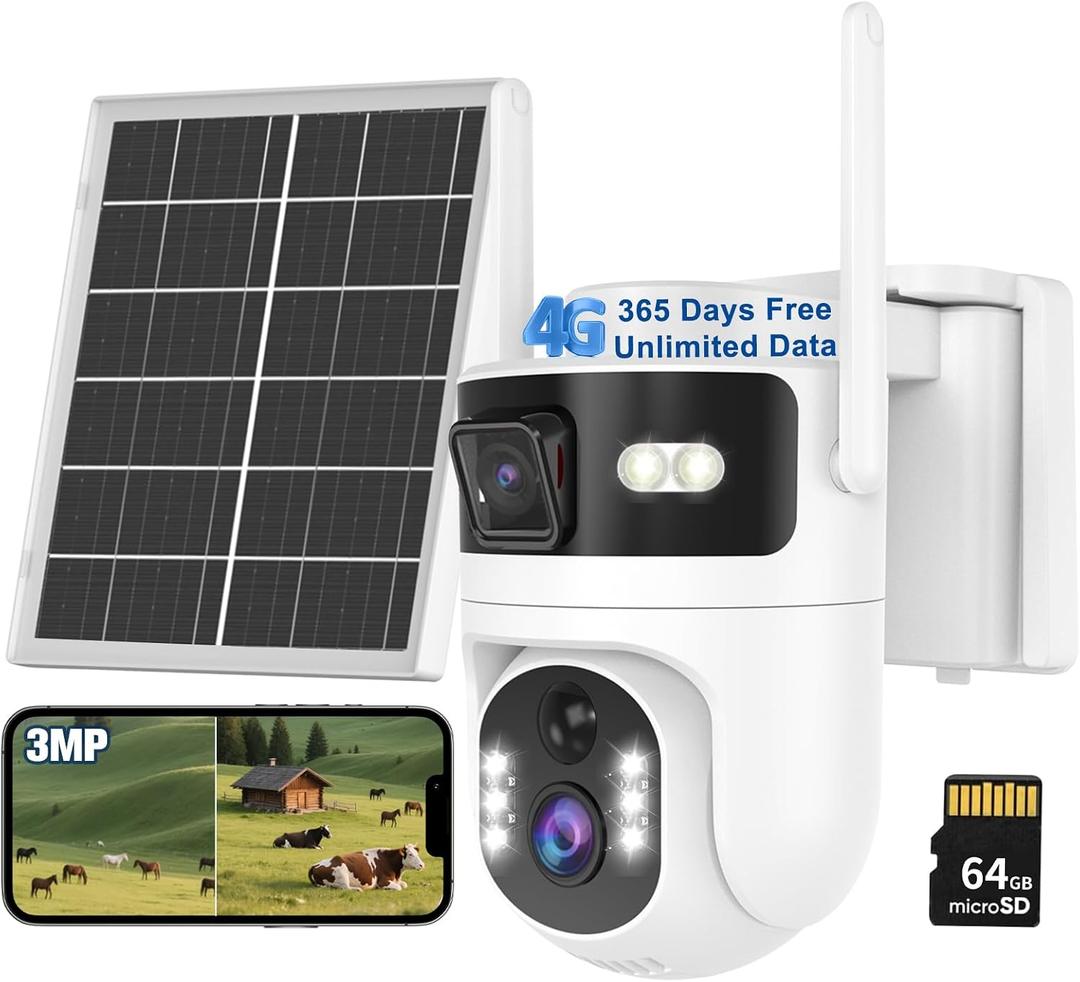 Dual Lens 4G LTE Cellular Security Camera Outdoor,No WiFi Security Camera Solar Powered,365 Days Free Unlimited Data,PTZ with 360Auto Tracking,2K Color Night Vision,PIR Alarm,2-Way Audio
