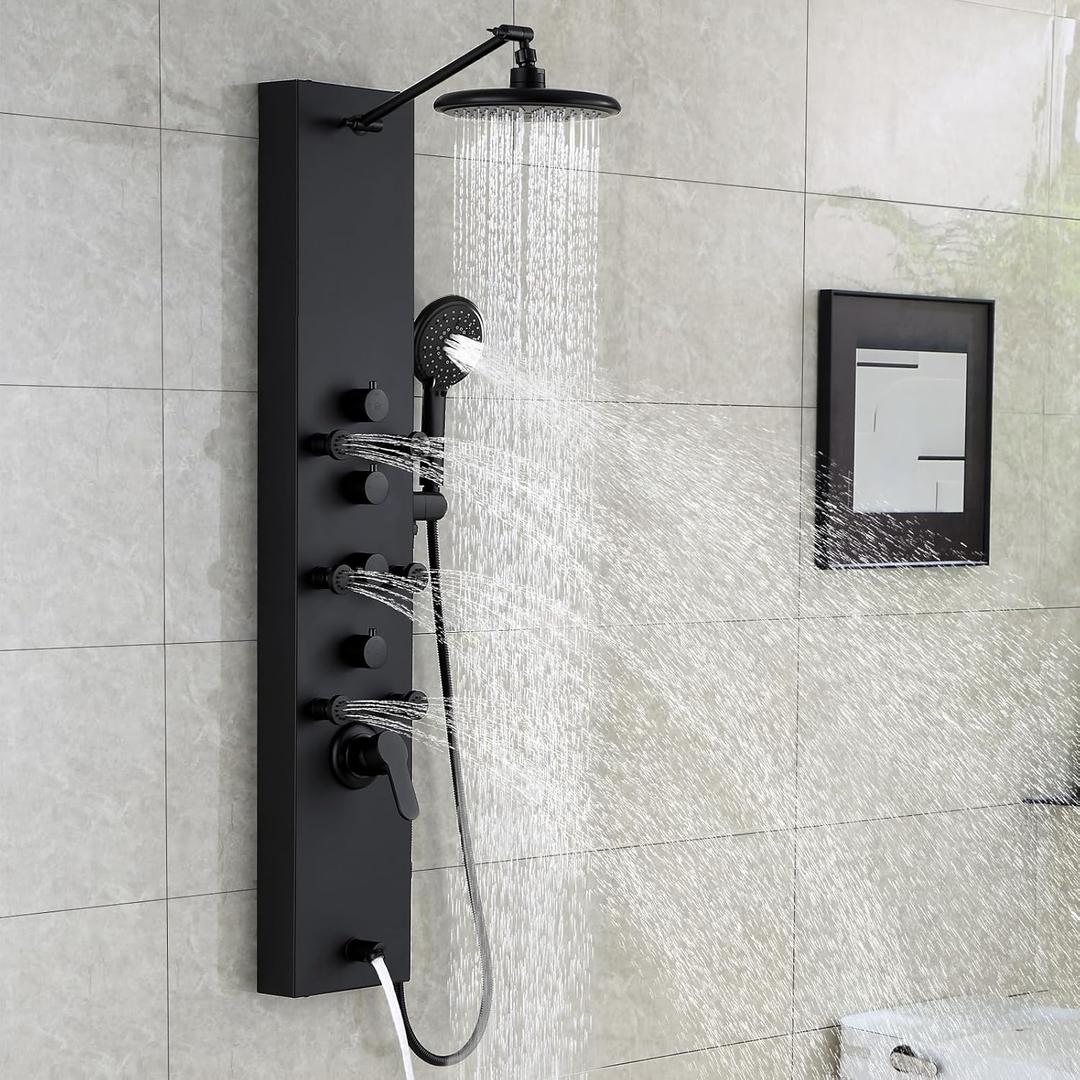 ROVOGO Shower Panel Tower System, 4-Function (Rain Shower, Handheld Sprayer, Body Jets, Tub Spout) with Simultaneous Use Option, Stainless Steel Shower Column with Adjustable Head, Black