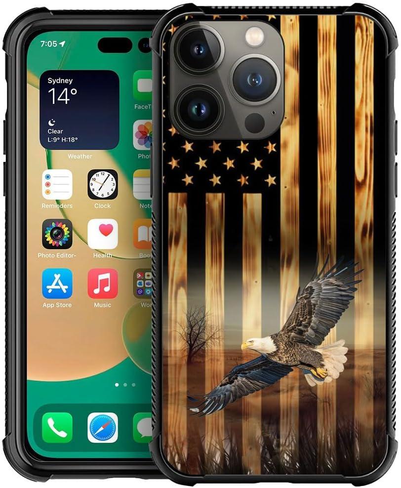 DAIZAG Compatible with iPhone 14 Pro Max Case, All-Round Protection Shockproof Anti-Scratches TPU Cover, Cases for Man Woman-Flying Eagle American Wood Grain Flag