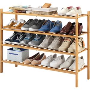 Long Shoe Rack, 4-Tier Bamboo Stackable Shoe Shelf Storage Organizer, Shoe Stand for Closet, Entryway and Hallway (Natural)