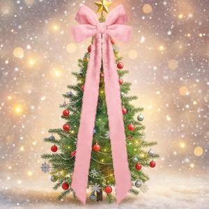 Soulchen Large Christmas Tree Topper Bow, 15 x 50 Inch Faux Fur Pink Christmas Tree Bows Plush Xmas Decorations for Xmas Holiday Party Wedding Home Door Decor Supplies