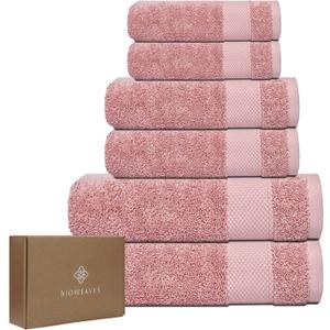 BIOWEAVES 100% Organic Cotton 6-Piece Luxury Bathroom Towels Set GOTS Certified 700 GSM, 2 Bath Towels, 2 Hand Towels & 2 Wash Cloths - Dusty Pink