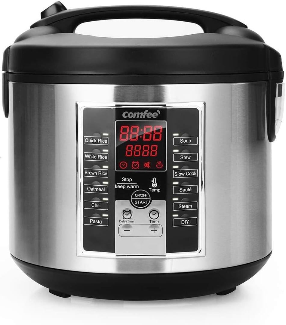 COMFEE' Rice Cooker, Slow Cooker, Steamer, Stewpot, Saut All in One (12 Digital Cooking Programs) Multi Cooker (5.2Qt ) Large Capacity. 24 Hours Preset & Instant Keep Warm, Black/Silver (MB-M25)