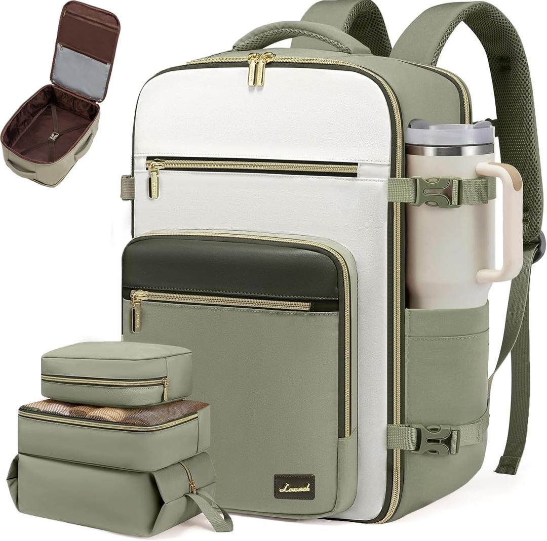 LOVEVOOK Travel Backpack For Women,40L Carry On Backpack Flight Approved,TSA Personal Item Travel Bag Fits 17 Inch Laptop,Business Weekender Overnight Daypack with Back Pad and Chest Buckle,Cubes (Green and White)