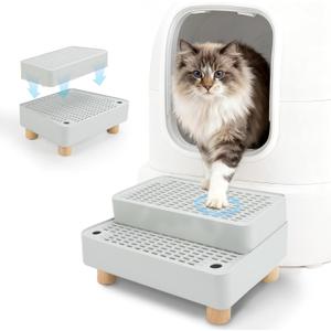 Elevated Cat Ramp for Litter Box, 2 Steps Cat Pedal Step Stool with Wooden Base, Detachable Double Layered Cats Litter Trapper, Suitable for Small&Elderly Cats, Non-Slip(Grey)
