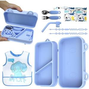 Travel Silicone Baby Feeding Set, 9pcs Portable Feeding Supplies, Toddler Suction Plates, 316 Stainless Steel Spoon & Fork, Silicone Baby Toy Straps, Lightweight Foldable Bib, Straw, Storage Bag