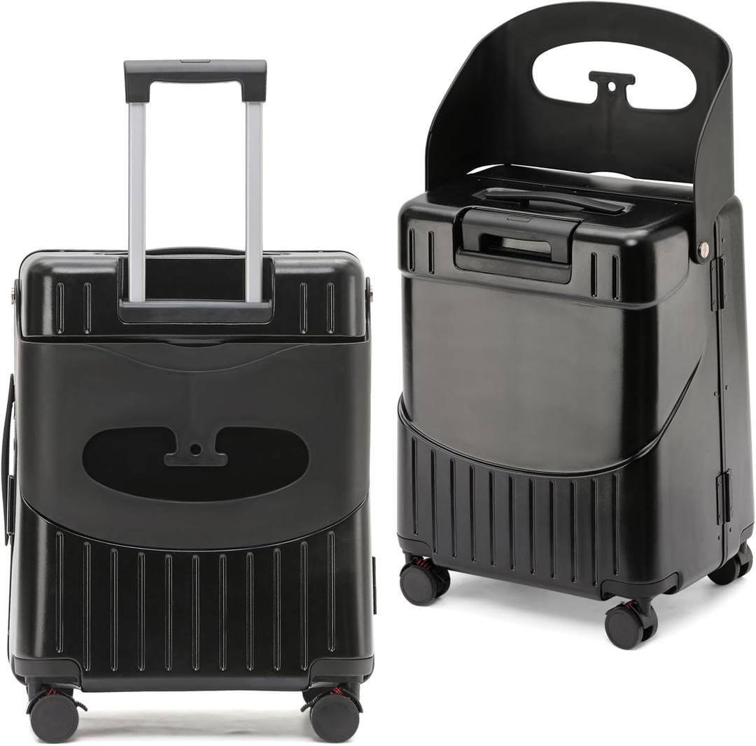 Hardside 22'' Luggage with Seat for Kids & Adults, 360 Lockable Spinner Wheels Travel Suitcase with TSA Approved Lock and Seat Belts(Black, 22-Inch) (22-Inch, Black)