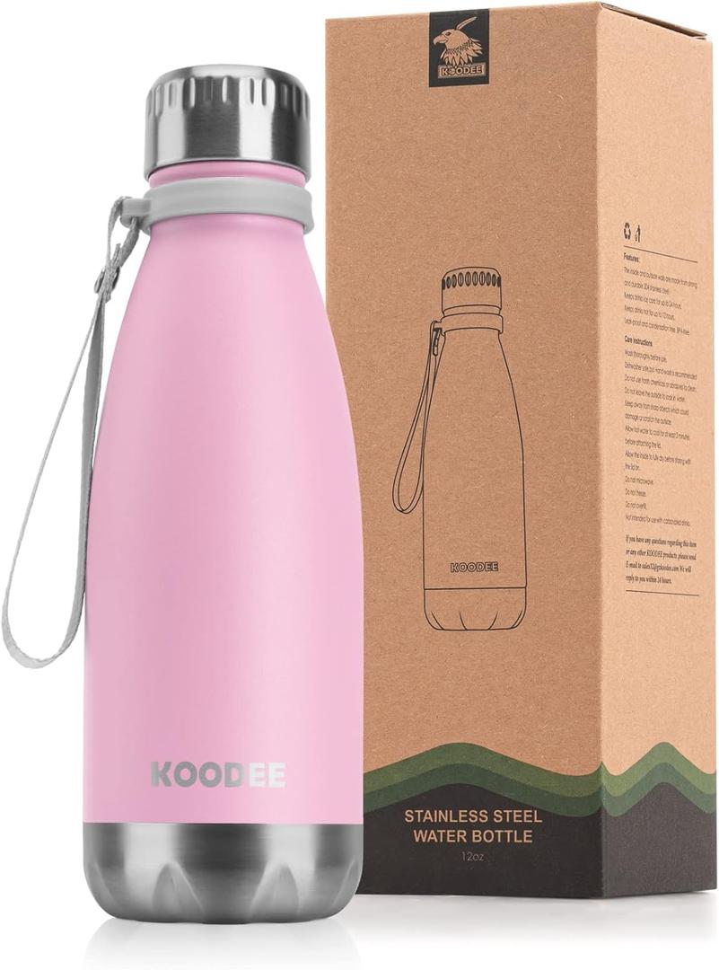 koodee 12 oz Stainless Steel Water Bottle Double Wall Vacuum Insulated Flask Cola Shape Metal Water Bottles for School (Pink)