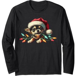 Chihuahua Chew Christmas Light Cord Cute Xmas Holiday Funny Long Sleeve T-Shirt