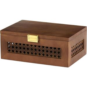 Decorative Rattan Storage Boxes Solid Wood Woven Baskets Bins with Lid Keepsake Memory Jewelry Box Natural Boho Shelf Wicker Closet Desk Organizer Container (Walnut Color, Small Size)