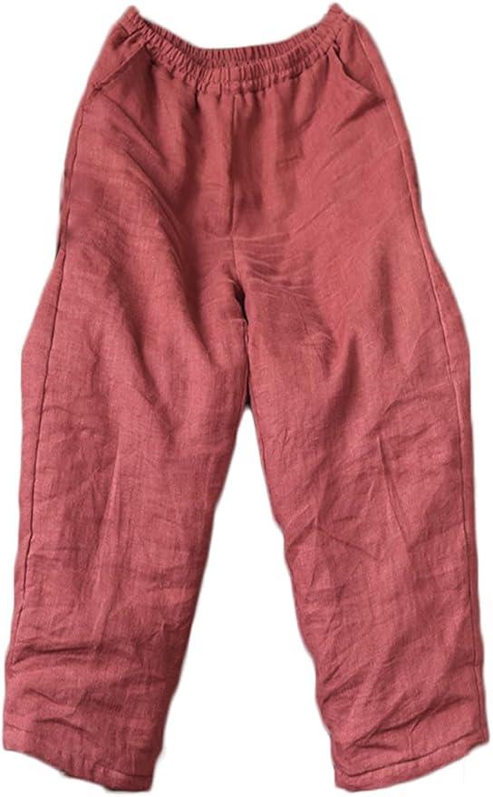 Women Winter Warm Linen Quilted Pants Ankle Length Thicker Padded Straight Trousers with Pockets, XL