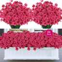 24 Bundles Artificial Flowers for Outdoors, Realistic Fake Silk Flowers for Outside Decoration, No Fade Faux Plants Outdoor Planter Window Box Porch Patio Decor(Rosy red)