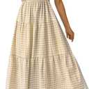 ZESICA Women's 2026 Bohemian Summer Plaid Square Neck Puff Sleeve Ruffle Flowy Beach Midi Dress (Beige), XS